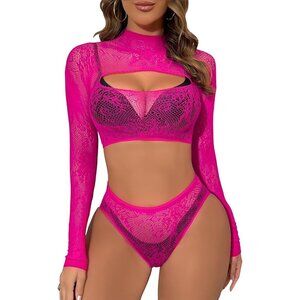 Women's Rosered Lingerie Imported Front Open Bodysuit Sexy Nightwear Pajamas Set